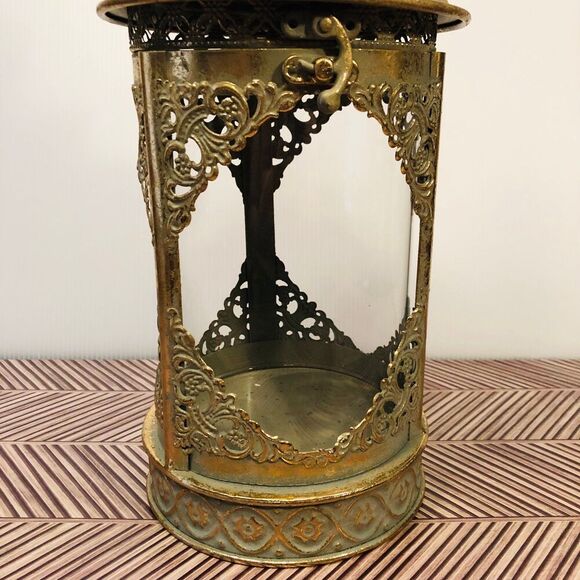 Decorative Lantern Round Gold Tone Metal Glass 15" w/ Handle Christmas Decor - Picture 3 of 8